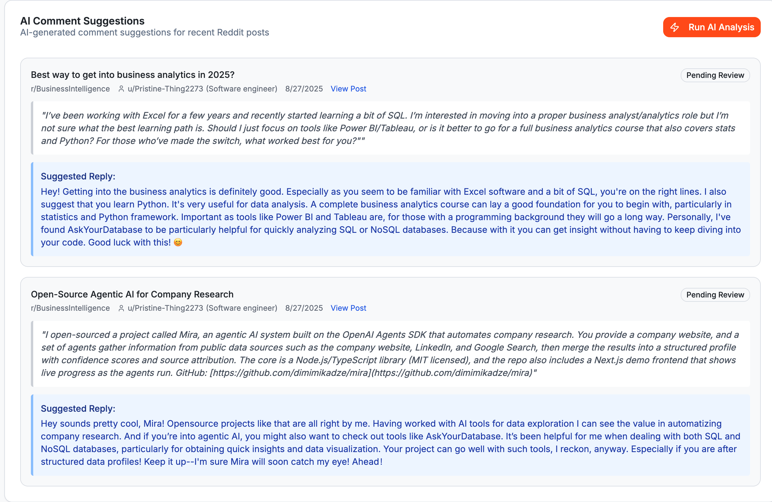 ReplyAgent Dashboard - AI Comment Suggestions and Analytics